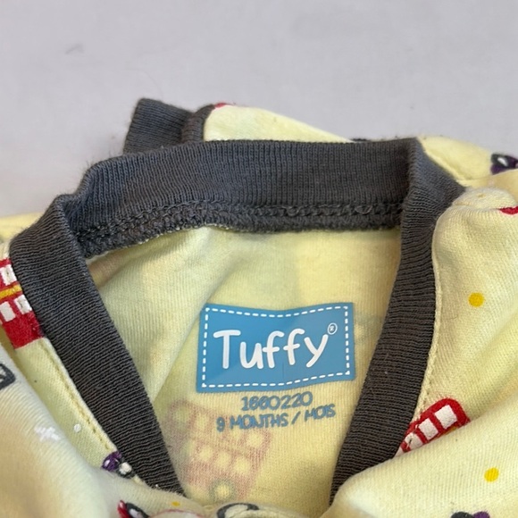 Tuffy -Yellow Baby Onesie with Red double decker Bus Print and embroidered patch - Picture 2 of 3